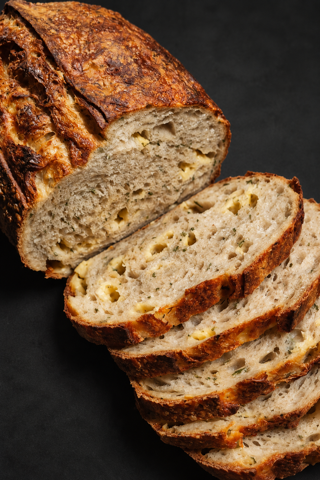 Sliced cheddar and chive sourdough loaf showing the crumb – The Verdant Earl