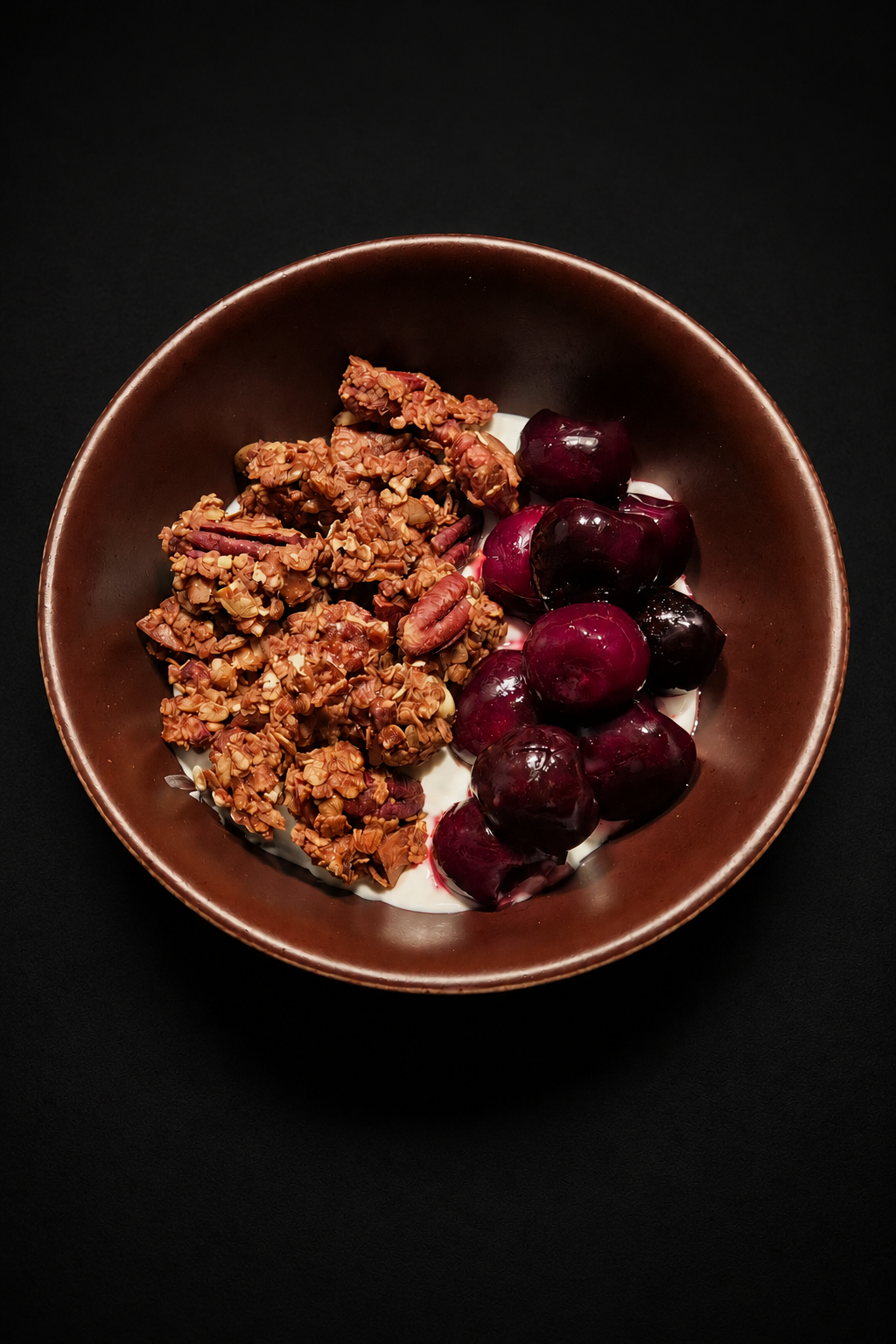 Pecan, cinnamon and coconut granola served with yoghurt and cherries – Pecan Pandemonium