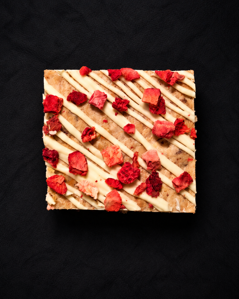 Strawberry, White Chocolate and Toasted Macadamia Sourdough Blondie - The Strawberry Shenanigans